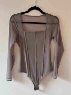 Abercrombie & Fitch Long-Sleeve Mesh Corset Bodysuit in Gray/Taupe